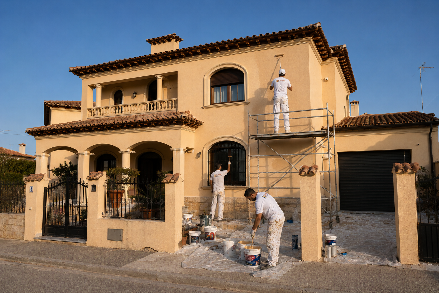 Obreros de Castilla Pinturas & Reformas pintando fachada de vivienda